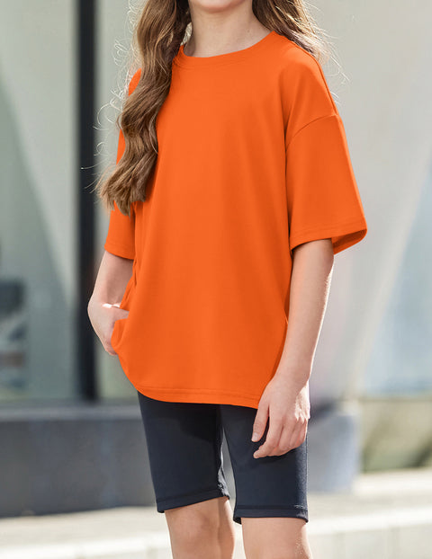 Girls Oversized Short Sleeve Crewneck T-Shirt Drop Shoulder Loose Tee - Orange