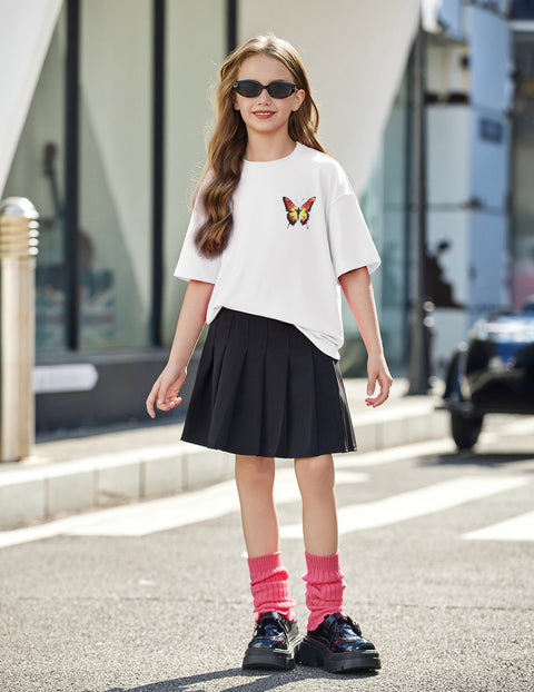 Girls Oversized Short Sleeve Crewneck T-Shirt Drop Shoulder Loose Tee - Butterfly Print