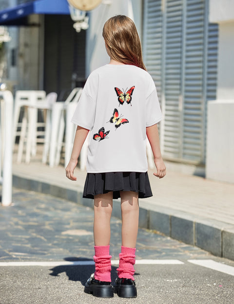 Girls Oversized Short Sleeve Crewneck T-Shirt Drop Shoulder Loose Tee - Butterfly Print