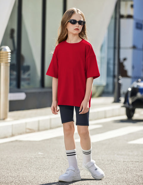 Girls Oversized Short Sleeve Crewneck T-Shirt Drop Shoulder Loose Tee - Red