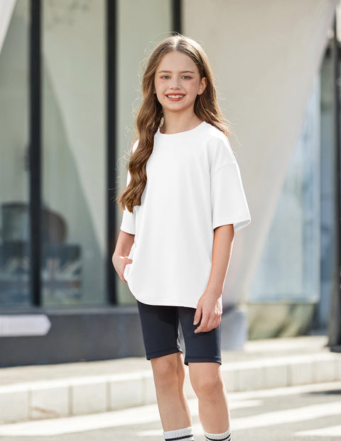 Girls Oversized Short Sleeve Crewneck T-Shirt Drop Shoulder Loose Tee - White