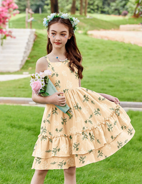 Girls Cami Summer Dress Boho Sleeveless Sundress Ruffle Hem with Pockets - Khaki Floral