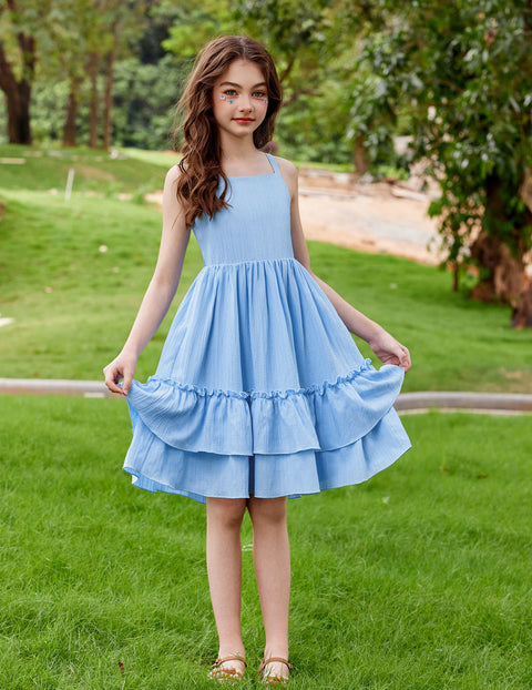Girls Cami Summer Dress Boho Sleeveless Sundress Ruffle Hem with Pockets - Light Blue