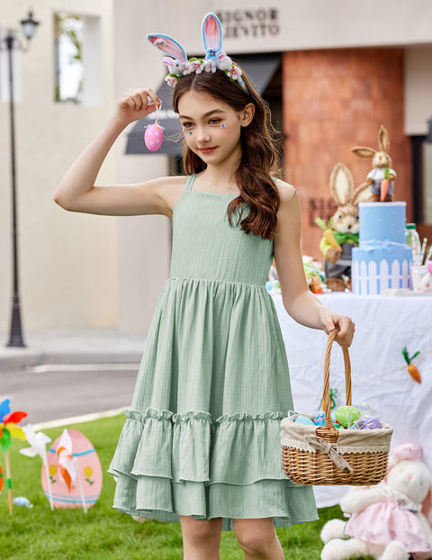 Girls Cami Summer Dress Boho Sleeveless Sundress Ruffle Hem with Pockets - Light Green
