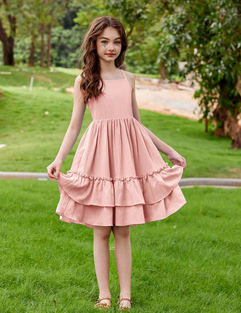 Girls Cami Summer Dress Boho Sleeveless Sundress Ruffle Hem with Pockets - Light Pink