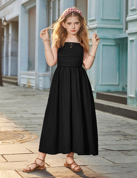 Girls Spaghetti Strap Ruched Maxi Sundress with Pockets Flowy Crinkle Dress - Black