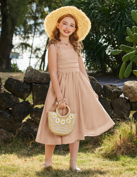 Girls Spaghetti Strap Ruched Maxi Sundress with Pockets Flowy Crinkle Dress - Champagne