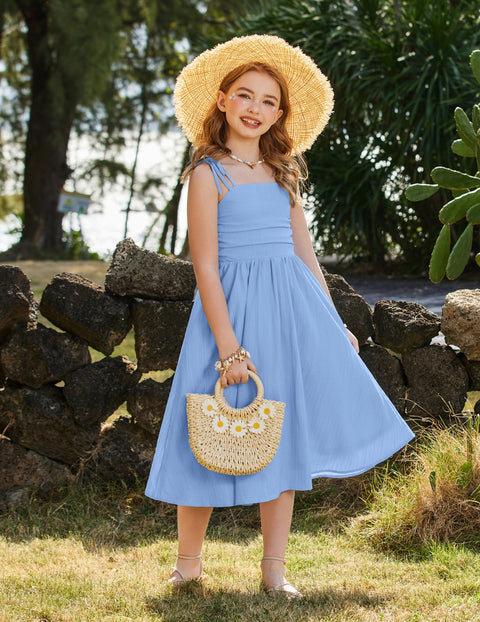 Girls Spaghetti Strap Ruched Maxi Sundress with Pockets Flowy Crinkle Dress - Light Blue