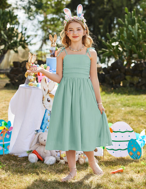 Girls Spaghetti Strap Ruched Maxi Sundress with Pockets Flowy Crinkle Dress - Green
