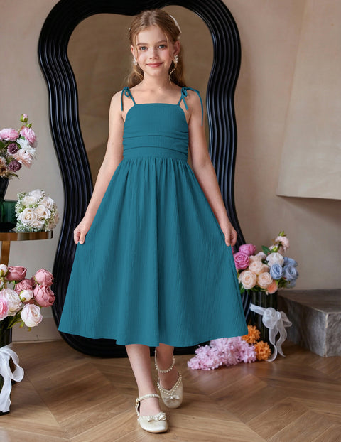 Girls Spaghetti Strap Ruched Maxi Sundress with Pockets Flowy Crinkle Dress - LAB