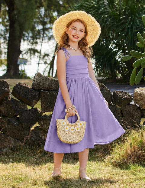 Girls Spaghetti Strap Ruched Maxi Sundress with Pockets Flowy Crinkle Dress - Lavender