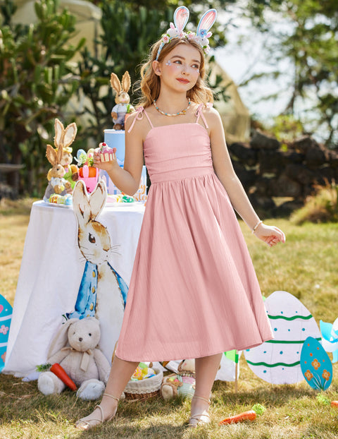 Girls Spaghetti Strap Ruched Maxi Sundress with Pockets Flowy Crinkle Dress - Pink