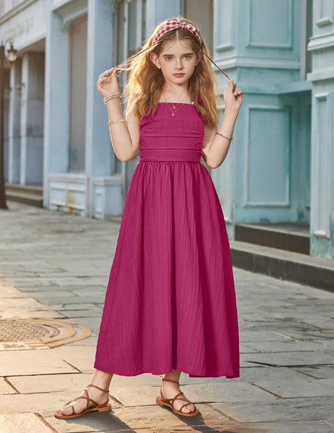 Girls Spaghetti Strap Ruched Maxi Sundress with Pockets Flowy Crinkle Dress - Hot Pink