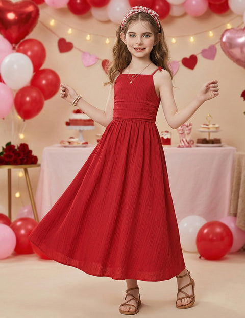 Girls Spaghetti Strap Ruched Maxi Sundress with Pockets Flowy Crinkle Dress - Red