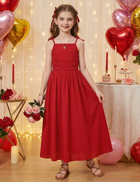 Girls Spaghetti Strap Ruched Maxi Sundress with Pockets Flowy Crinkle Dress - Red