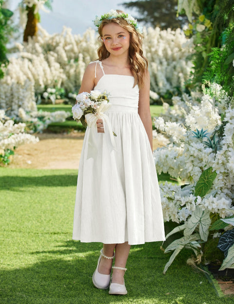 Girls Spaghetti Strap Ruched Maxi Sundress with Pockets Flowy Crinkle Dress - White