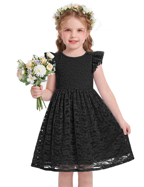 Toddler Girls Lace Dress Ruffle Sleeve Tulle Knee Length Sundress Lined - Black