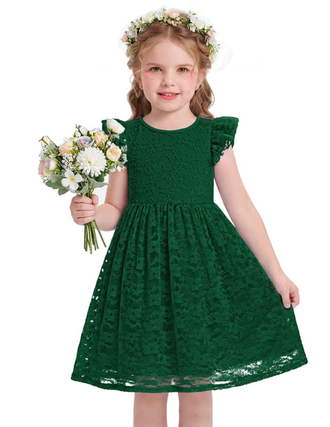 Toddler Girls Lace Dress Ruffle Sleeve Tulle Knee Length Sundress Lined - Green