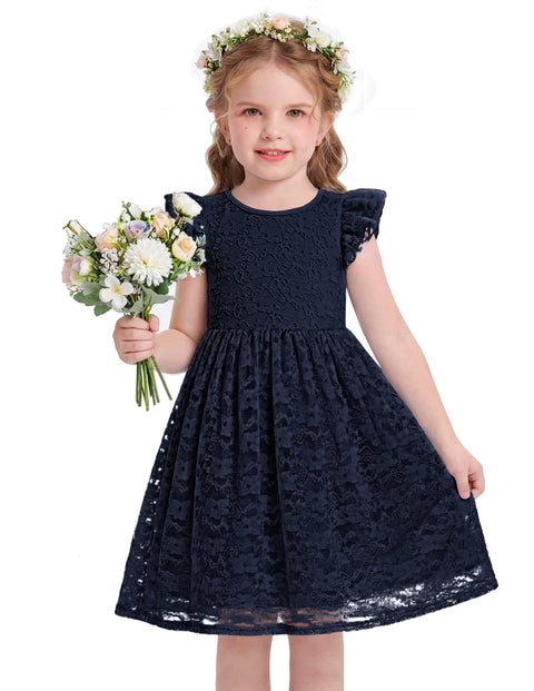 Toddler Girls Lace Dress Ruffle Sleeve Tulle Knee Length Sundress Lined - Navy Blue