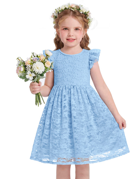 Toddler Girls Lace Dress Ruffle Sleeve Tulle Knee Length Sundress Lined - Blue