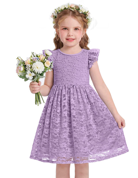 Toddler Girls Lace Dress Ruffle Sleeve Tulle Knee Length Sundress Lined - Purple