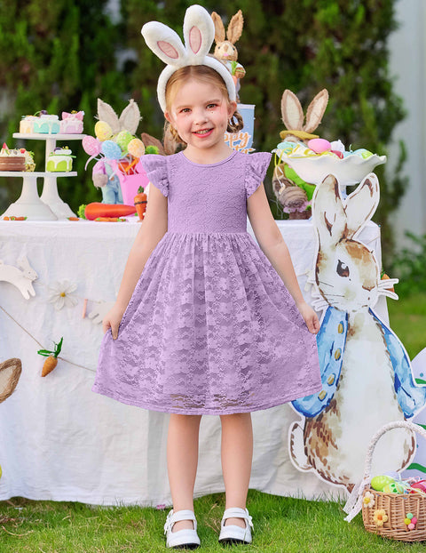 Toddler Girls Lace Dress Ruffle Sleeve Tulle Knee Length Sundress Lined - Purple