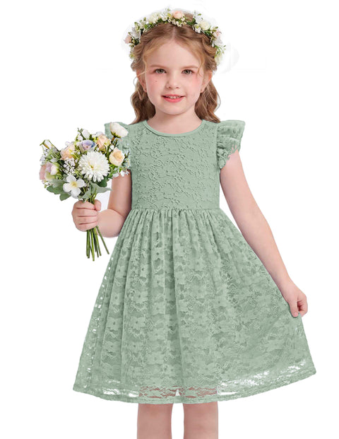 Toddler Girls Lace Dress Ruffle Sleeve Tulle Knee Length Sundress Lined - Sage Green