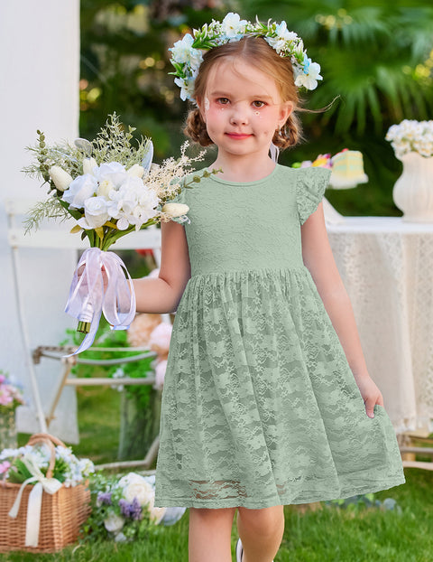 Toddler Girls Lace Dress Ruffle Sleeve Tulle Knee Length Sundress Lined - Sage Green