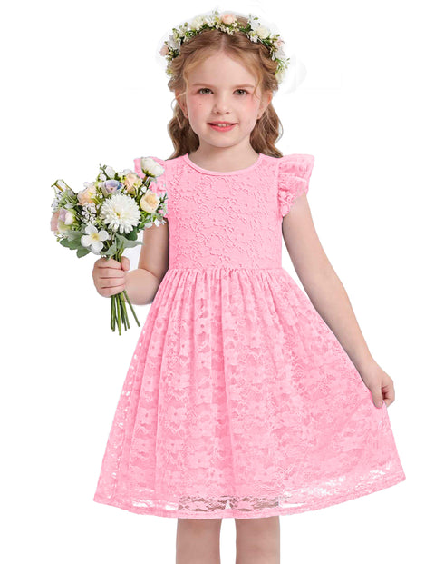 Toddler Girls Lace Dress Ruffle Sleeve Tulle Knee Length Sundress Lined - Pink
