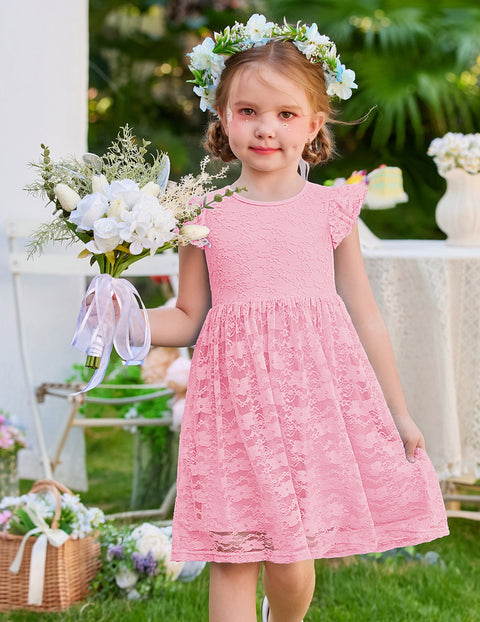Toddler Girls Lace Dress Ruffle Sleeve Tulle Knee Length Sundress Lined - Pink