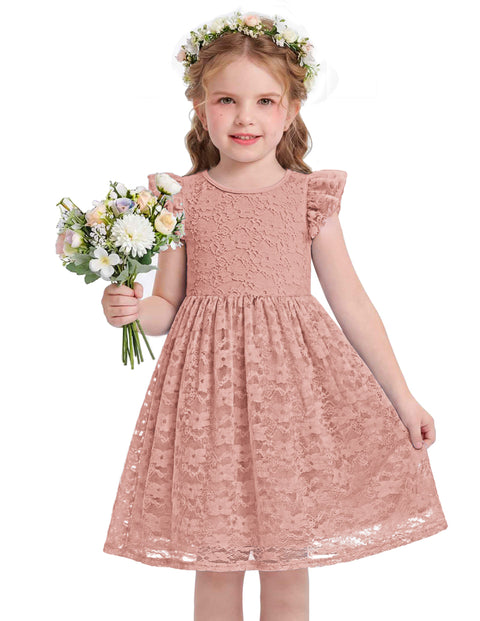 Toddler Girls Lace Dress Ruffle Sleeve Tulle Knee Length Sundress Lined - Dusty Pink