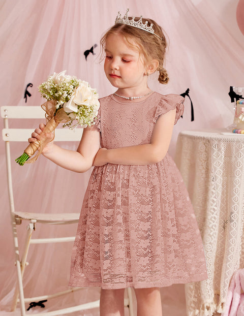 Toddler Girls Lace Dress Ruffle Sleeve Tulle Knee Length Sundress Lined - Dusty Pink