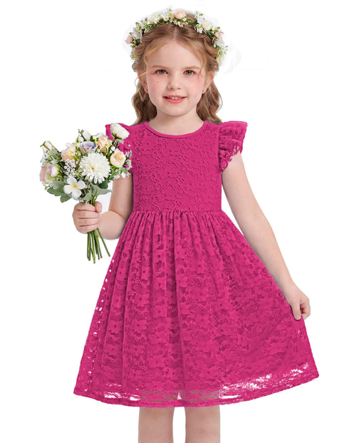 Toddler Girls Lace Dress Ruffle Sleeve Tulle Knee Length Sundress Lined - Hot Pink