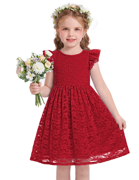 Toddler Girls Lace Dress Ruffle Sleeve Tulle Knee Length Sundress Lined - Red