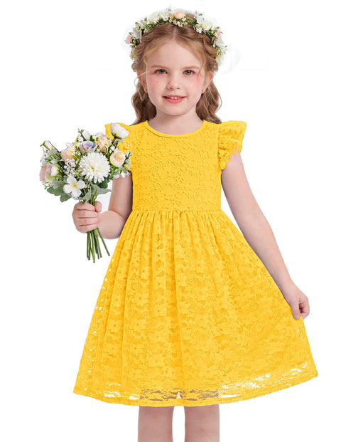 Toddler Girls Lace Dress Ruffle Sleeve Tulle Knee Length Sundress Lined - Yellow