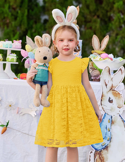 Toddler Girls Lace Dress Ruffle Sleeve Tulle Knee Length Sundress Lined - Yellow