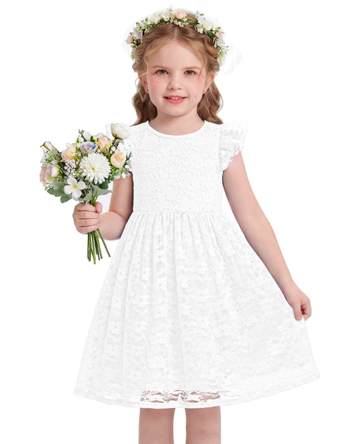 Toddler Girls Lace Dress Ruffle Sleeve Tulle Knee Length Sundress Lined - White