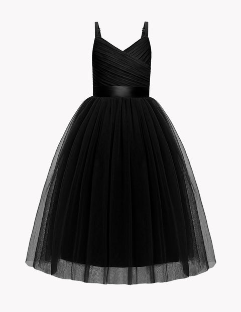 Flower Girl Dress Spaghetti Strap Tulle Long Formal Party Dress with Bow Belt - Black