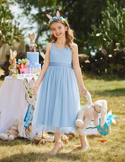 Flower Girl Dress Spaghetti Strap Tulle Long Formal Party Dress with Bow Belt - Light Blue