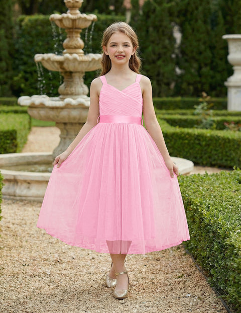 Flower Girl Dress Spaghetti Strap Tulle Long Formal Party Dress with Bow Belt - Light Pink