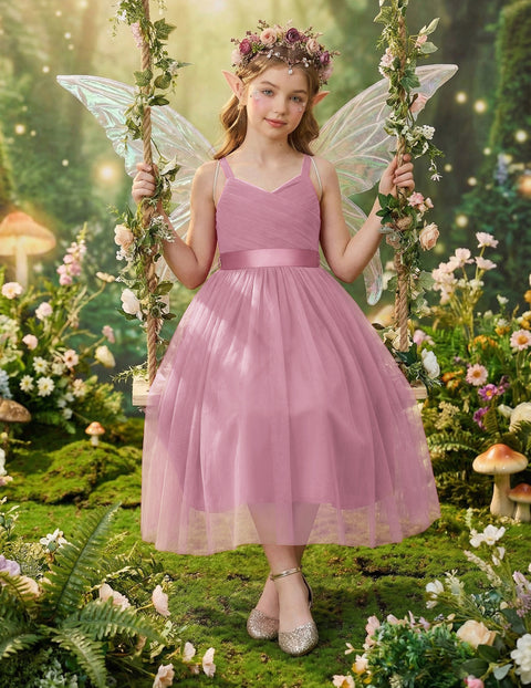 Flower Girl Dress Spaghetti Strap Tulle Long Formal Party Dress with Bow Belt - Pink