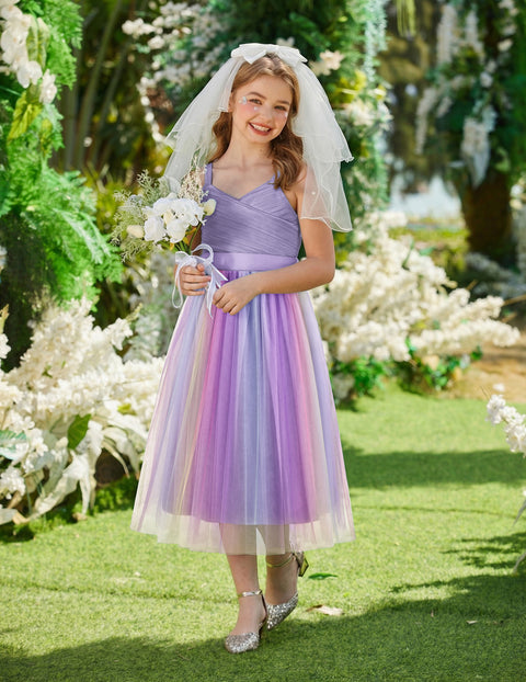 Flower Girl Dress Spaghetti Strap Tulle Long Formal Party Dress with Bow Belt - Purple Rainbow