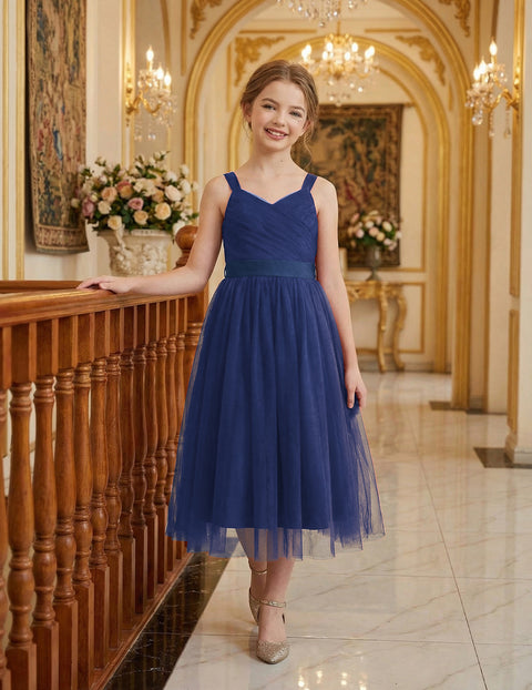 Flower Girl Dress Spaghetti Strap Tulle Long Formal Party Dress with Bow Belt - Navy Blue