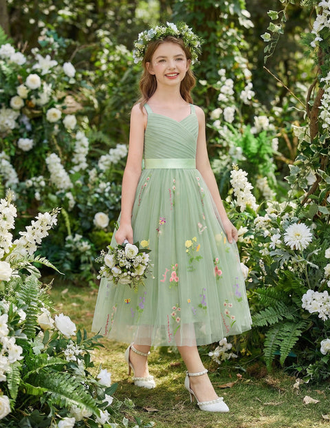 Flower Girl Dress Spaghetti Strap Tulle Long Formal Party Dress with Bow Belt - Green Floral