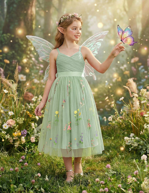 Flower Girl Dress Spaghetti Strap Tulle Long Formal Party Dress with Bow Belt - Green Floral