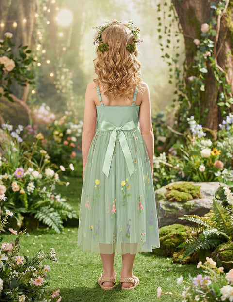 Flower Girl Dress Spaghetti Strap Tulle Long Formal Party Dress with Bow Belt - Green Floral