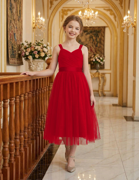 Flower Girl Dress Spaghetti Strap Tulle Long Formal Party Dress with Bow Belt - Red