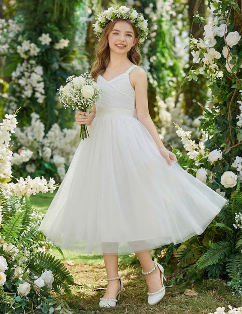 Flower Girl Dress Spaghetti Strap Tulle Long Formal Party Dress with Bow Belt - White