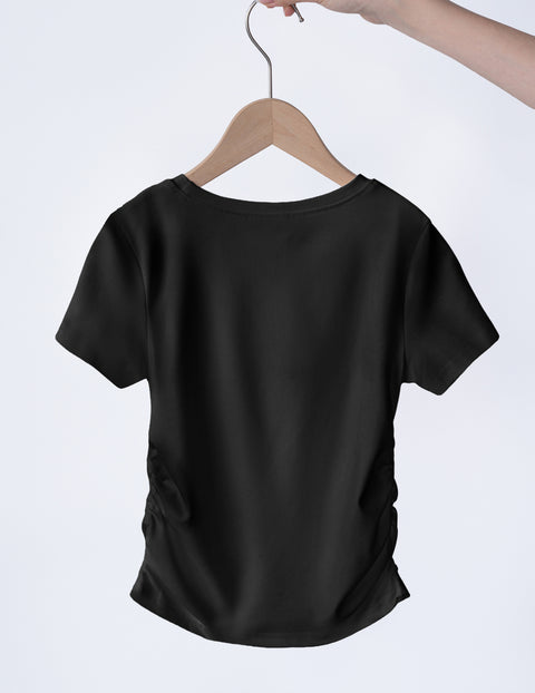 Girls Side Ruched Short Sleeve Crewneck T-Shirt Stretch Ribbed Tee - Black