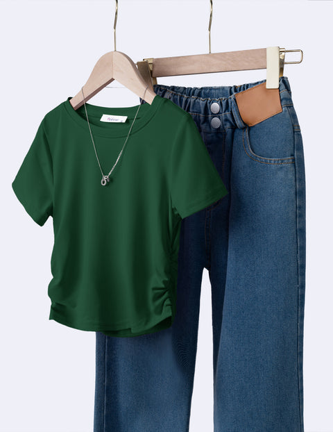 Girls Side Ruched Short Sleeve Crewneck T-Shirt Stretch Ribbed Tee - Green